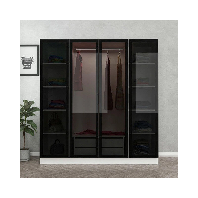 Azura Home Design - Armoire avec 4 portes en verre fumé, blanc/noir 180 x 210 cm