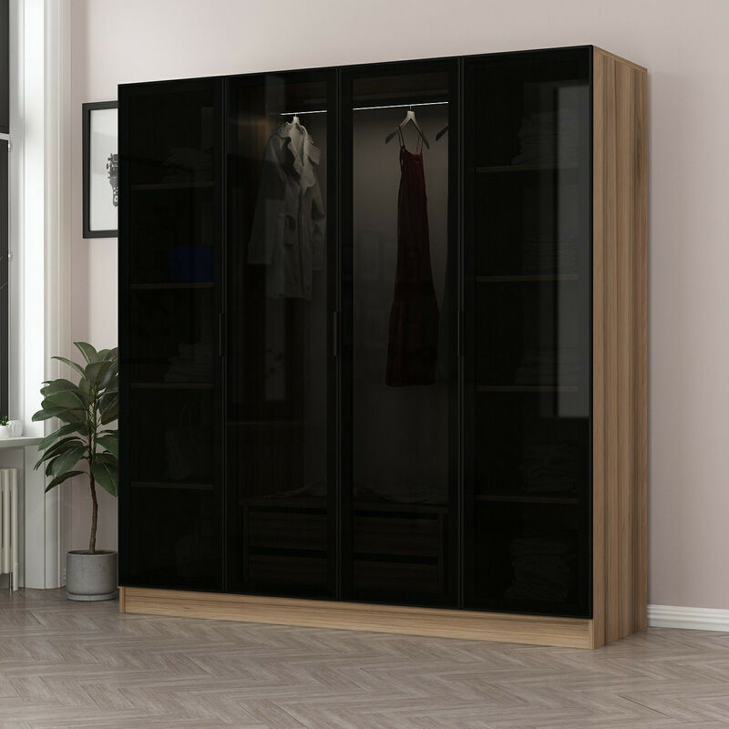 Azura Home Design - Armoire avec 4 portes en verre fumé, noyer doré/noir 180 x 210 cm