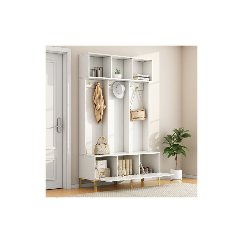 Armoire avec banc, meuble de rangement multifonction, rangement ouvert, 6 crochets et pieds en or, pour couloir, salon, blanc, B120 / d23.5 / h191.5cm