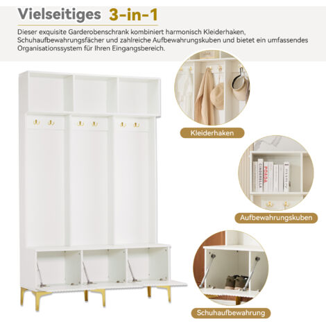 Armoire avec banc, meuble polyvalent pour ranger des objets divers. Structure ouverte, avec des crochets et des pieds en or. Conforme aux dimensions suivantes : B120/D40/H191,5 cm. Idéale pour les cou