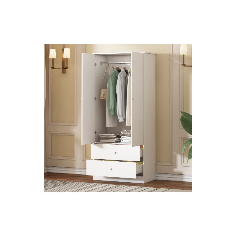 Armoire avec barre, Armoire 2 portes, 2 tiroirs, Chambre à coucher, Salon, Couverture dans le couloir, Plaque Spannée, Blanc