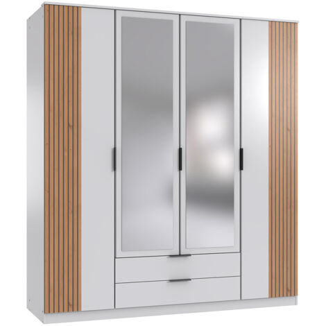 Armoire avec corniche, meuble de rangement + 2 miroirs coloris blanc, rechampis imitation chêne artisan - Longueur 180 x Hauteur 199 x Profondeur 58 cm