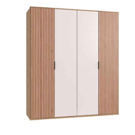 Armoire avec corniche, placard coloris blanc, imitation chêne Artisan - Longueur 180 x Hauteur 210 x Profondeur 58 cm