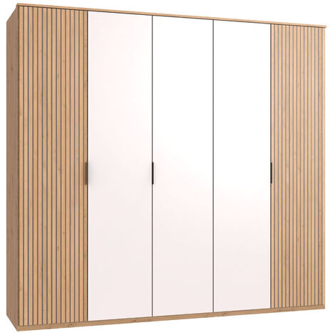Armoire avec corniche, placard coloris blanc, imitation chêne Artisan - Longueur 225 x Hauteur 210 x Profondeur 58 cm