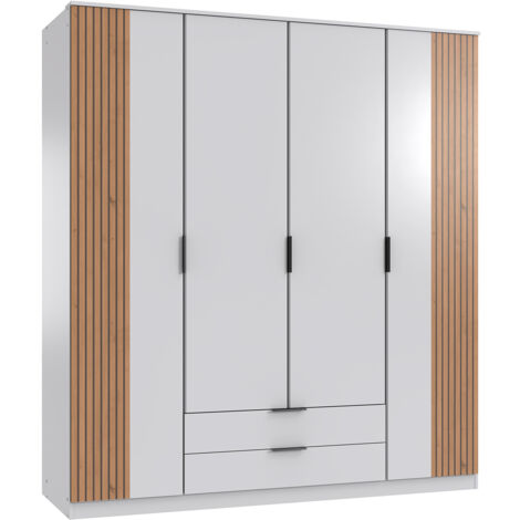 Armoire avec corniche, placard coloris blanc, rechampis imitation chêne artisan - Longueur 180 x Hauteur 199 x Profondeur 58 cm