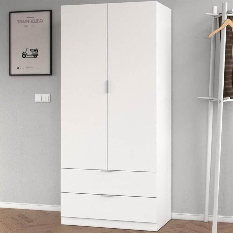 Armoire Low Cost blanche 2 portes 2 tiroirs 81 cm (largeur) x 180 cm (hauteur) x 52 cm (profondeur) - Blanc