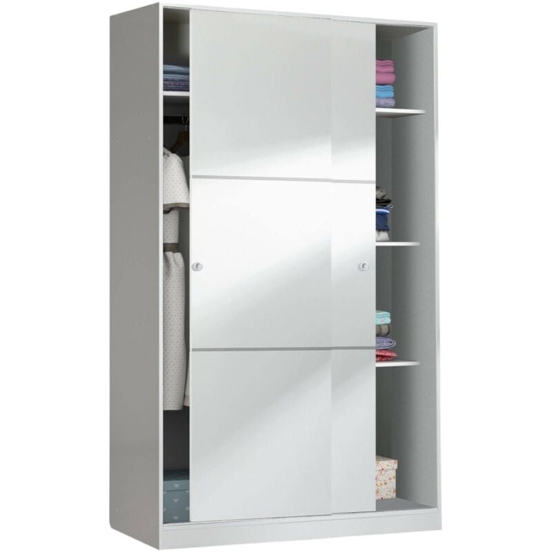 Armoire avec deux portes coulissantes et trois étagères, couleur blanc brillant, Dimensions 120 x 200 x 50 cm