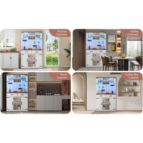Armoire avec éclairage LED et prises électriques. Grande armoire de cuisine dotée de 2 grands tiroirs. Design en forme de porte de grange. Compartiments réglables pour ranger les objets divers.