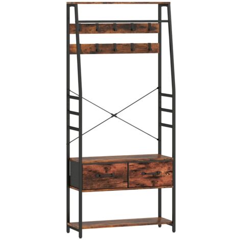 Armoire avec étagère à chaussures, porte-manteau avec banc, 10 crochets, 2 tiroirs en tissu, barre de penderie, panneaux de particules, métal, marron