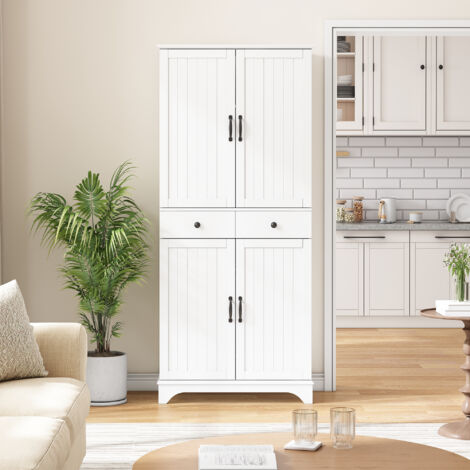 Armoire avec étagères réglables, 2 tiroirs et tablette coulissante, blanc, 77x40x181 cm