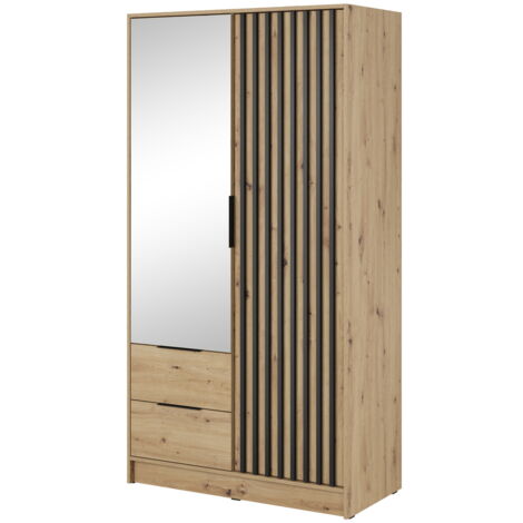 Armoire avec miroir 100 cm Fioro - Armoire du fabricant, armoire de chambre à coucher - armoire à portes battantes avec lamelles, 2 portes (Artisan)