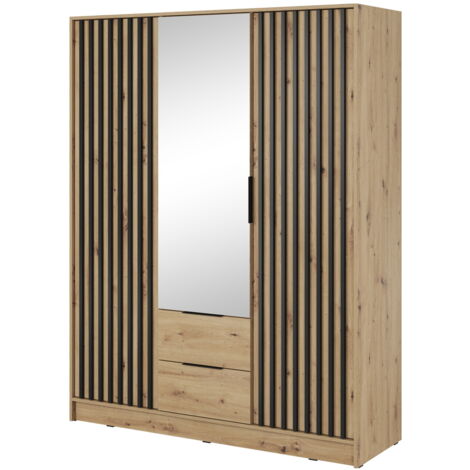 Armoire avec miroir 150 cm Fioro - Armoire du fabricant, armoire de chambre à coucher - armoire à portes battantes avec lamelles, 3 portes (Artisan)