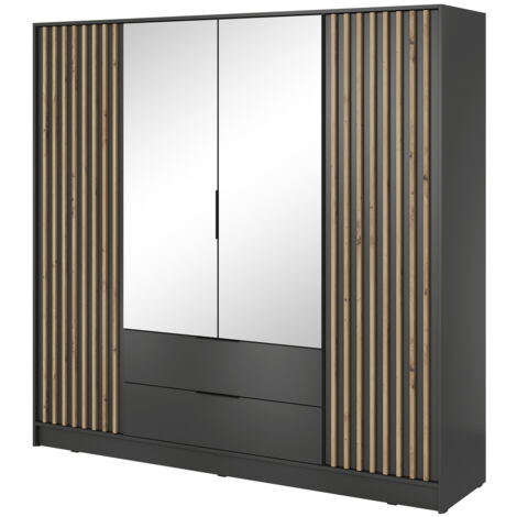 Armoire avec miroir 200 cm Fioro - Armoire du fabricant, armoire de chambre à coucher - armoire à portes battantes avec lamelles, 4 portes (Graphite)