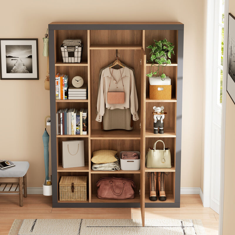 Hauss Spole - Armoire avec miroir de toilette, multiples rangements, portemanteau, vitrine, bibliothèque, crochets latéraux, 115x30x165cm, marron