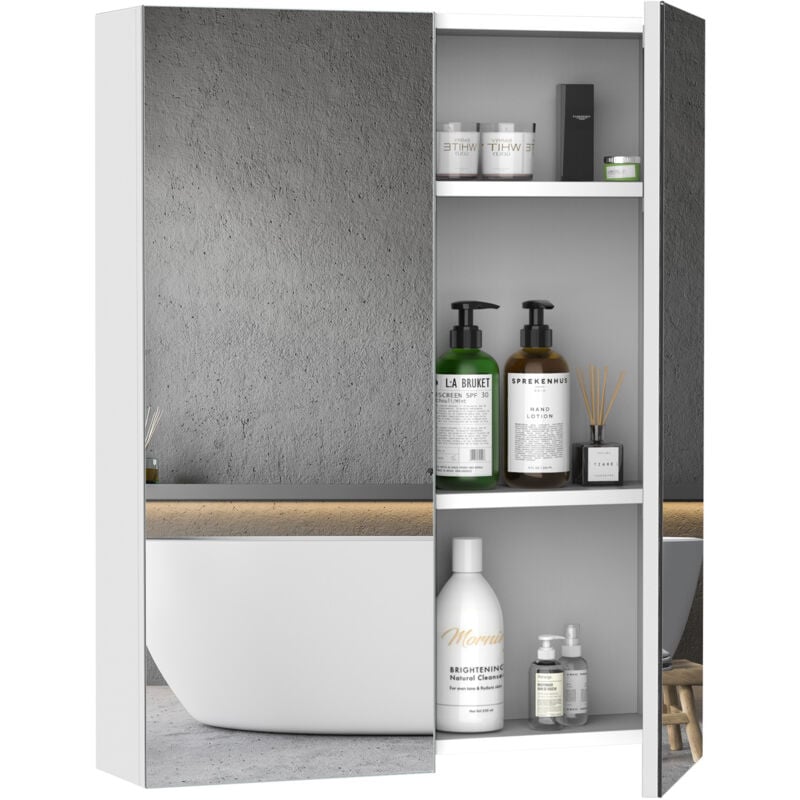 Homcom - Armoire avec miroir en bois rangement salle de bain fermeture porte tampon mdf blanc