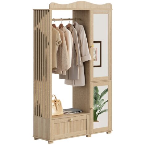 Armoire avec miroir et penderie ouverte 115,5x38,5x194,5 cm, rangement avec tiroir et 2 portes pour chambre et entrée - chêne
