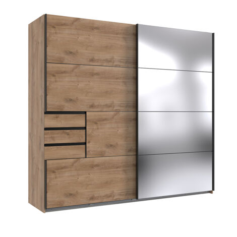 Armoire avec portes coulissantes, meuble de rangement coloris Imitation chêne poutre, noir  - Longueur 225 x Hauteur 208 x Profondeur 64 cm