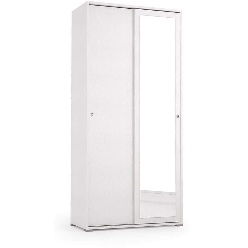 Terraneo - Armoire avec portes coulissantes, miroir, deux étagères et tube à linge blanc avec portes blanches