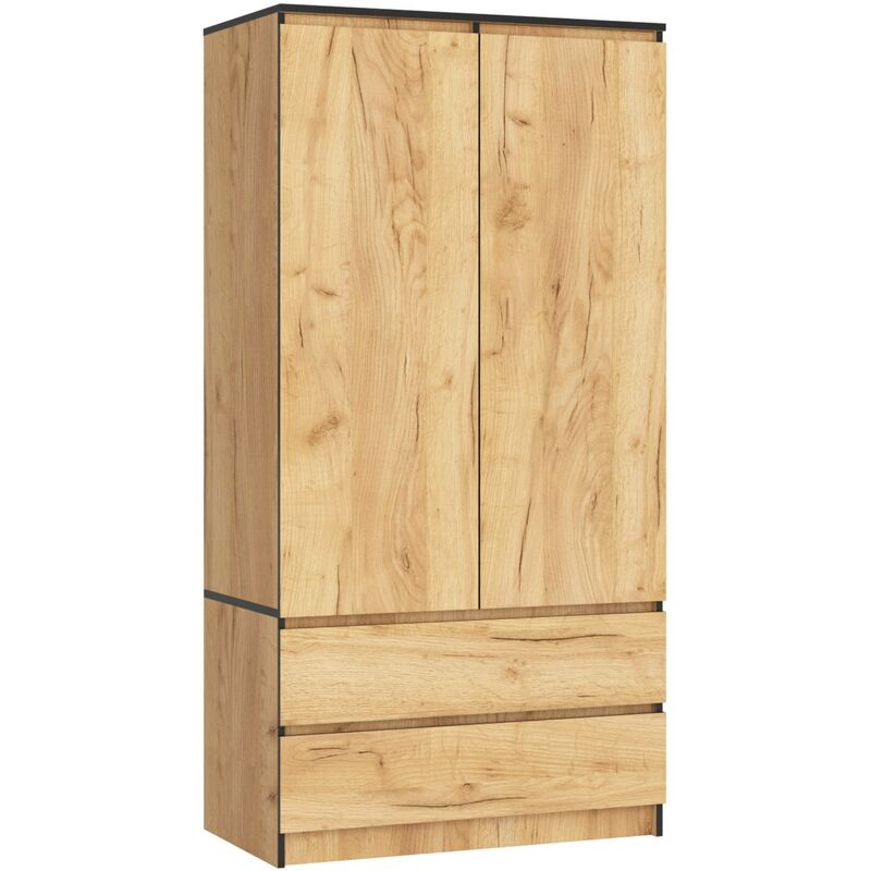 Armoire Akord S90 Chêne Craft 90 cm 2 portes 2 tiroirs façade Chêne Craft 4 étagères 90x51x180 cm