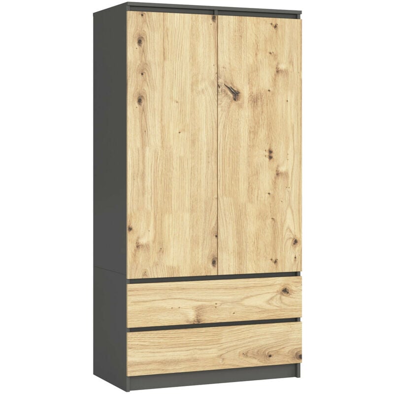 Armoire Akord S90 Gris Graphite 90 cm 2 portes 2 tiroirs façade Chêne Artisan 4 étagères 90x51x180 cm