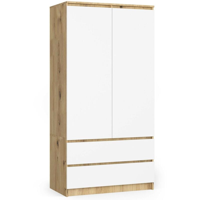 Armoire AKORD S90 Chêne Artisan 90 cm 2 portes 2 tiroirs façade Blanche 4 étagères 90x51x180 cm