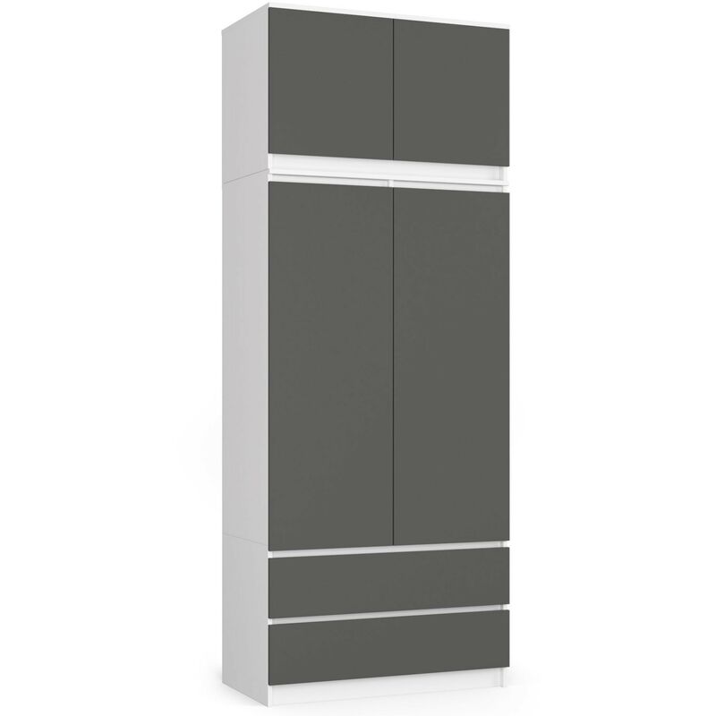 Akord - Armoire avec surmeuble S90 Blanche 90 cm 2 portes 2 tiroirs façade Gris Graphite 6 étagères 90x51x234 cm