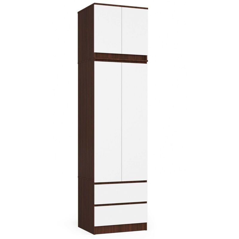 Akord - Armoire avec surmeuble S60 Wengé 60 cm 2 portes 2 tiroirs façade Blanche 3 étagères 60x51x234 cm