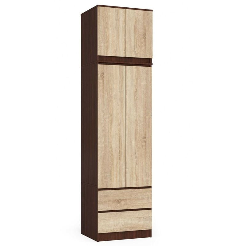 Akord - Armoire avec surmeuble S60 Wengé 60 cm 2 portes 2 tiroirs façade Chêne Sonoma 3 étagères 60x51x234 cm