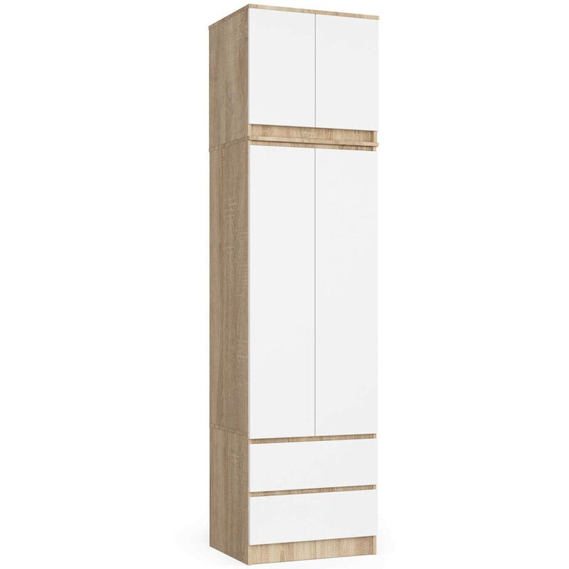 Akord - Armoire avec surmeuble S60 Chêne Sonoma 60 cm 2 portes 2 tiroirs façade Blanche 3 étagères 60x51x234 cm
