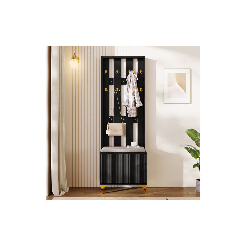 Armoire avec tabouret de chaussures et coussins, crochet à l'avant de l'armoire,noir