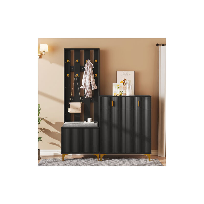 Armoire avec tabourets et coussins pour chaussures, armoire avant avec crochets, armoire à chaussures avec tiroirs et portes,noir
