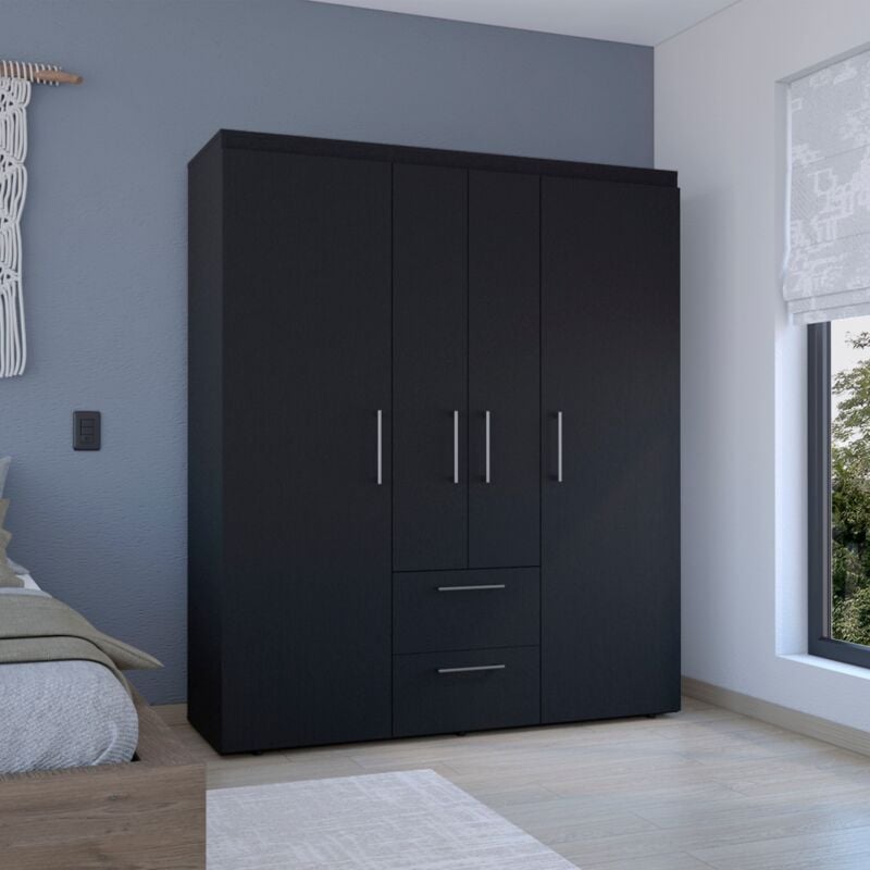 Tuhome Concept - Armoire Bariloche en mélamine avec 4 portes, 4 étagères, 3 tringles à vêtements et 2 tiroirs , noir, 177.9 cm x 150.3 cm x 50.4 cm