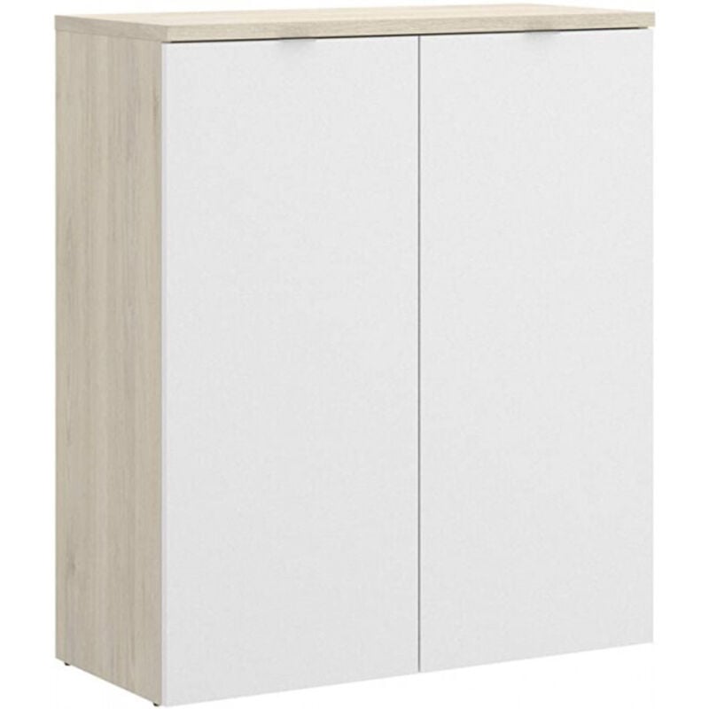 Armoire basse 79x96H Blanc brillant et chêne naturel avec deux portes - Adrien
