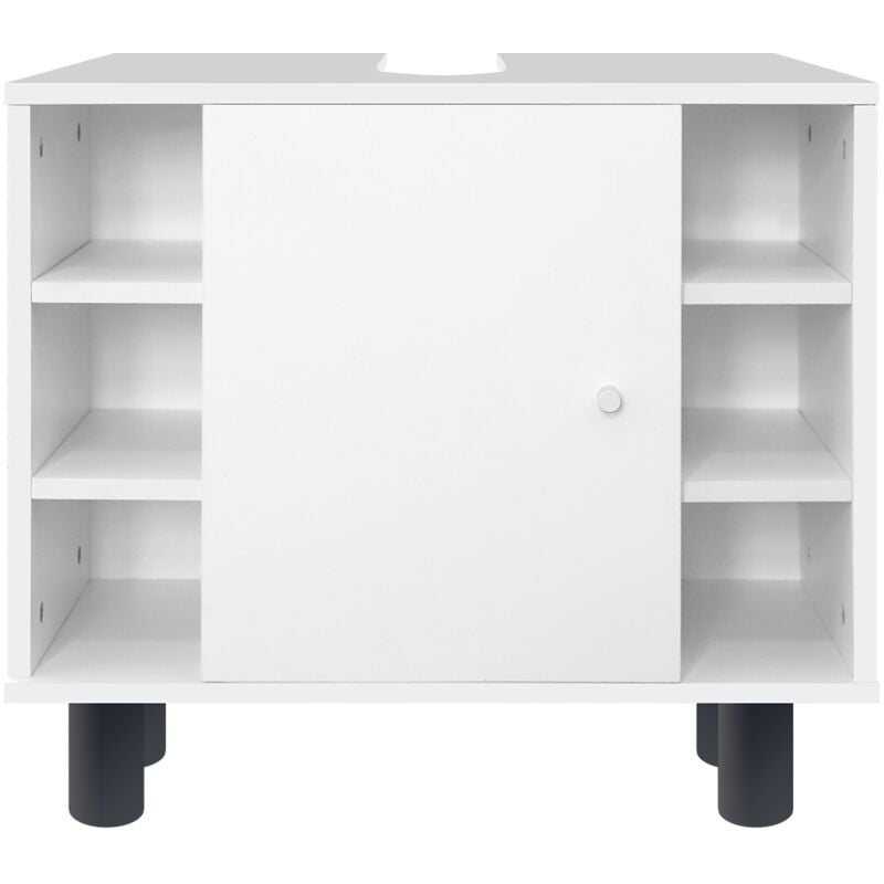 Meuble sous Lavabo, Blanc, 60 x 54 x 32 cm, avec 1 Porte et 6 Étagères, Panneau mdf Finition Mélaminée, Armoire Bas sur Pied pour Salle de Bain,