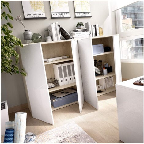 Armoire basse 79x96H Blanc brillant et chêne naturel avec deux portes - Adrien