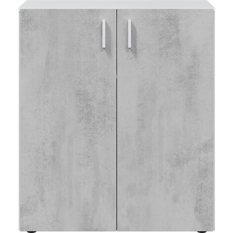 Armoire basse à 2 portes meuble de rangement blanc mat et gris ciment - Hauteur 92 x Longueur 80 cm x Profondeur 37 cm - PEGANE-