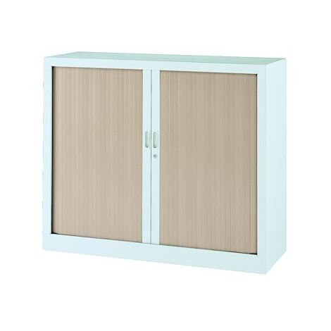 Armoire basse à rideaux monobloc Mario H 100 x L 120 blanc - chêne clair - Maxiburo