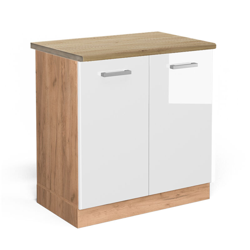 Meuble bas sous-évier R-Line, Blanc Haute brillance, 80 cm, pt Chêne Vicco