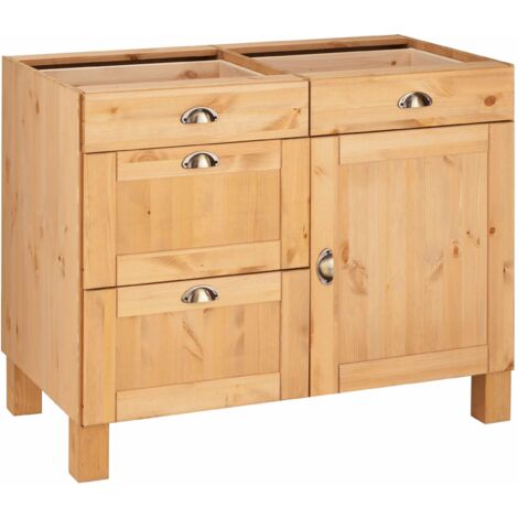 Armoire basse en bois massif certifié FSC® 1 porte – 4 tiroirs – Poignées métalliques en forme de coquille – Grand espace de rangement