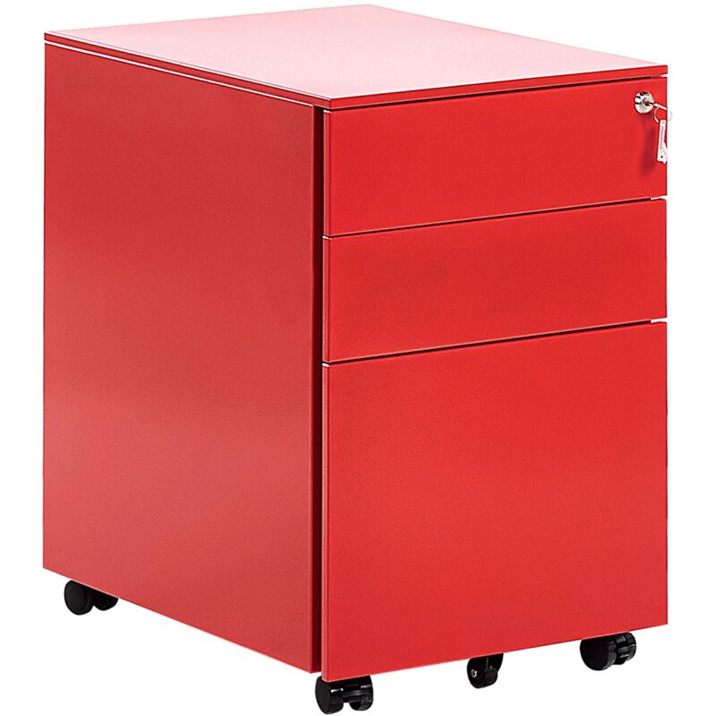 Beliani - Casier de Bureau sur Roulette en Métal Rouge composé de Trois Tiroirs pour ranger les Dossier avec Une Clef 60 cm de Hauteur