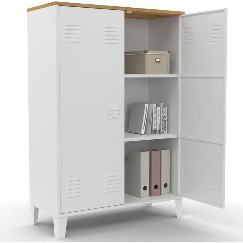 Idmarket - Armoire basse ester 2 portes métal blanc et plateau bois design industriel