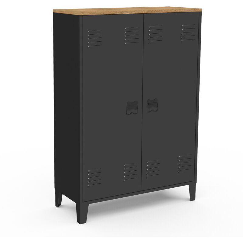 Idmarket - Armoire basse ester 2 portes métal noir et plateau bois design industriel