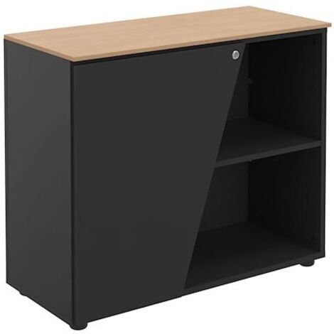 Armoire basse Isis H 76 x L 90 cm top chêne porte à gauche - Portes carbone - Maxiburo