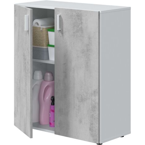 Armoire basse polyvalente, Meuble à chaussures avec 2 portes battantes et 1 étagère réglable, Meuble à chaussures, Cm 80x37h92, Couleur Ciment et Blanc