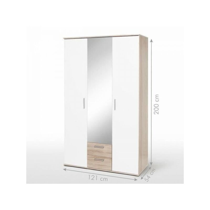 Sans Marque - Armoire battante - Panneaux de particules - Blanc et chene - 3 portes et 2 tiroirs + miroir - l 121 x p 54 x h 200,1 cm - selkea