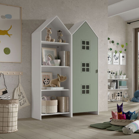 Armoire + bibliothèque décor vert et blanc - CASMY
