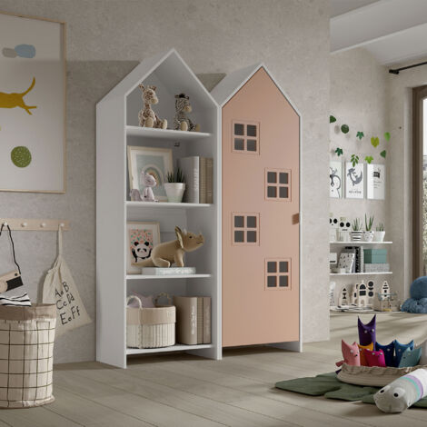 Armoire + bibliothèque décor vieux rose et blanc - CASMY