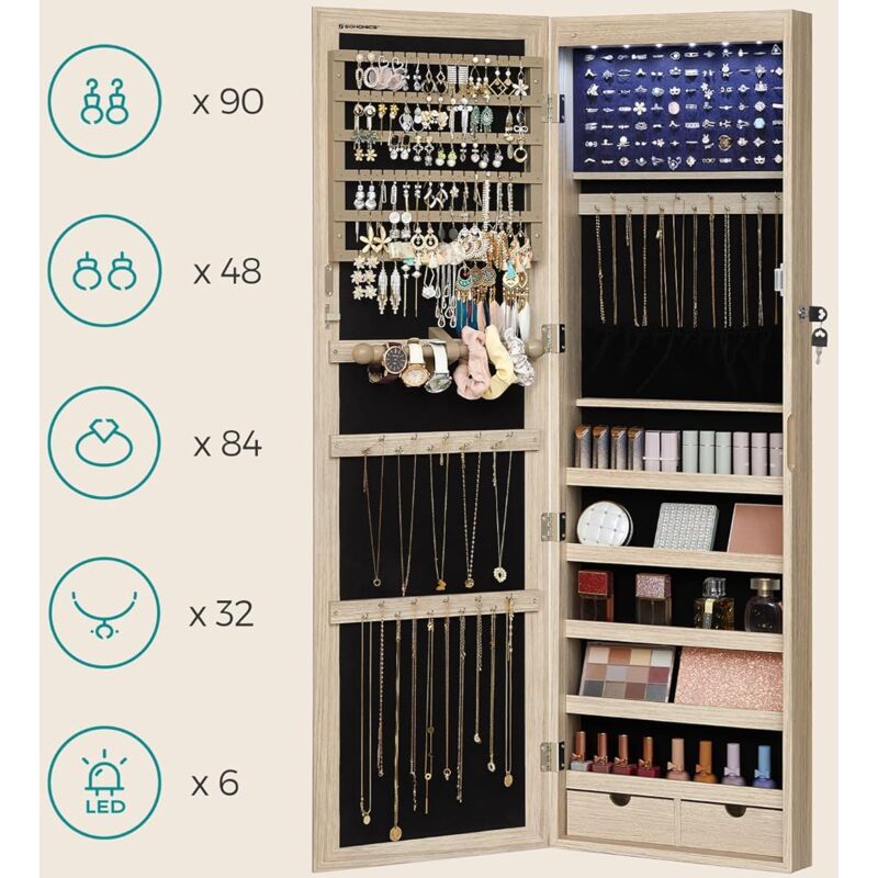 Songmics - Armoire à Bijoux, pour Colliers, Boucles d'Oreilles, Placard à Accessoires, avec Miroir, Divers Compartiments, Verrouillable, Couleur