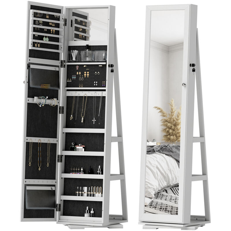 Armoire à bijoux pivotante verrouillable avec miroir - armoire bijoux multi-rangement - mdf gris clair