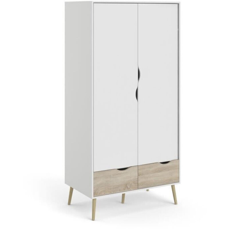Tvilum - Armoire - Blanc / Chene - 2 portes / 2 tiroirs - Pietement évasé en bois massif - Chambre - 98,7 x 58,1 x 200,1 cm aro